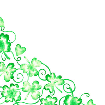 A corner of clover spots. St. Patrick's Day. Watercolor illustration.Isolated on a white background.