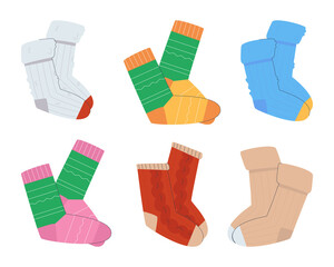 Collection of warm woolen socks. Winter set of socks. Flat vector illustration