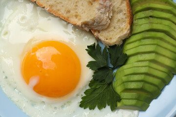 Tasty breakfast on whole background, close up
