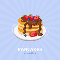 Pancakes with chocolate syrup, strawberries, blueberries, on a plate. Vector illustration on a retro background with rays.