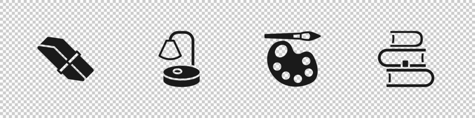 Set Eraser or rubber, Table lamp, Paint brush with palette and Book icon. Vector