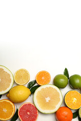 Different citrus fruits on white background, space for text