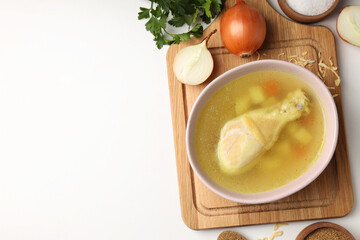 Concept of tasty food with chicken soup, space for text
