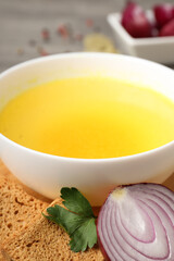 Concept of tasty food with broth, close up