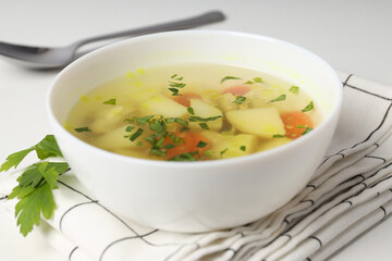 Concept of tasty food with chicken soup on white background