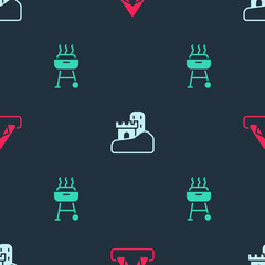 Fototapeta premium Set Tourist tent, Sand castle and Barbecue grill on seamless pattern. Vector