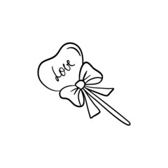 Doodle lollipop as heart with bow and text Love, holiday clipart. Cute element for greeting cards, posters, stickers and seasonal design.