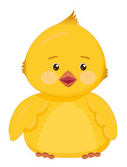 Cute fluffy yellow chick. Funny bird with pink cheeks and open eyes isolated on white background.
