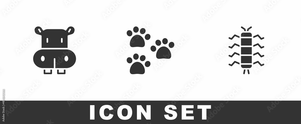 Wall mural set hippo or hippopotamus, paw print and centipede insect icon. vector