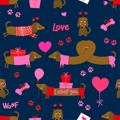 Dog pattern design with several dachshunds - funny hand drawn doodle, seamless pattern. Lettering poster or t-shirt textile graphic design. wallpaper, wrapping paper, background. Modern doodle Style 