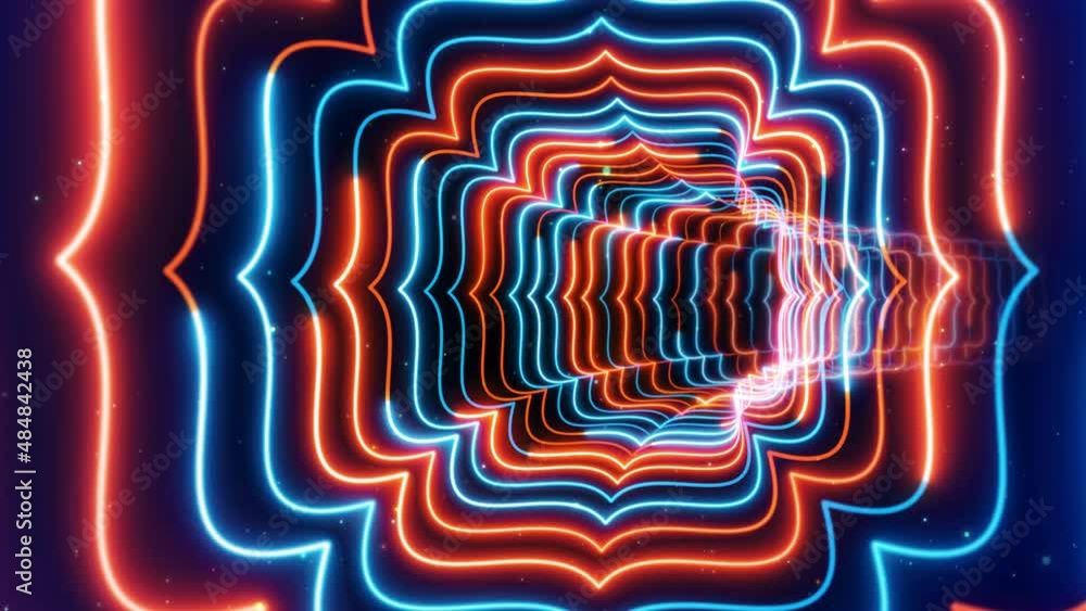 Poster abstract artistic rotating blue orange fancy frame lines neon light curved tunnel with blinking glit