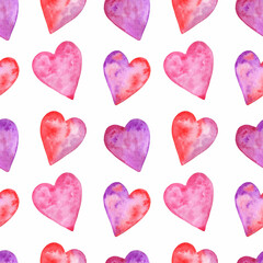 Seamless watercolor colorful hearts pattern isolated on white background.For valentine's day,birthday,print.