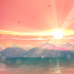 Japanese sunset landscape with beautiful mountains and blue lake or sea water with sunlight, water reflections, waves, birds in vector. Romantic nature illustration art.