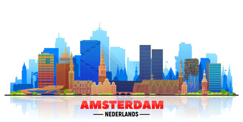 Amsterdam skyline with panorama in white background. Vector Illustration. Business travel and tourism concept with modern buildings. Image for presentation, banner, website.