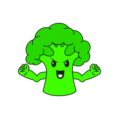 Broccoli character, strong man, muscular arms, vector illustration, flat line 