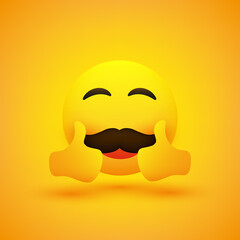 Positive, Satisfied, Happy Male Emoji with Mustache Showing Double Thumbs Up - Vector Emoticon Design for Instant Messaging, Social Media, Web and Apps on Yellow Background