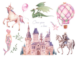 Fairy tale set. Baby girl cartoon clipart: castle, unicorn, dragon, knight, mermaid - 484845877