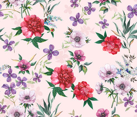 Fototapeta na wymiar Bright feminine watercolor botanical floral fashionable stylish pattern with peony and anemone flowers on a light pink background.