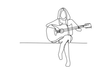 Continuous one line drawing of a female sitting guitarist playing guitar. Dynamic musician artist performance concept single line graphic draw design vector illustration