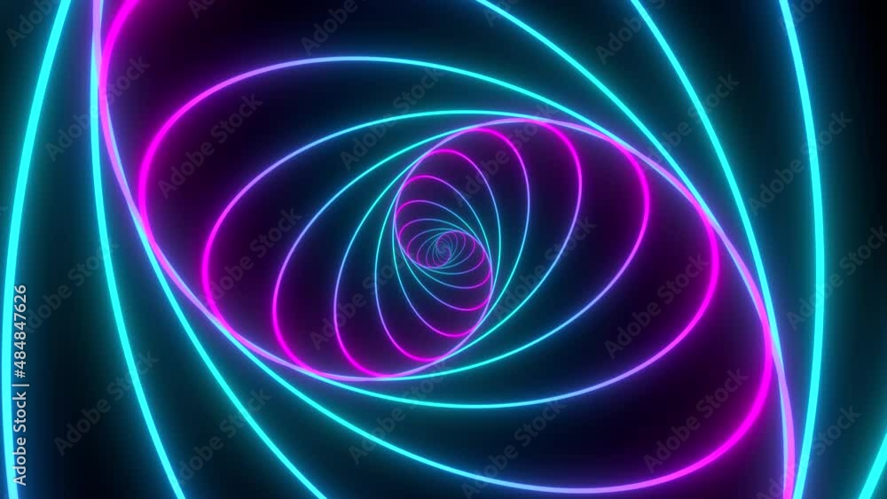 Poster minimal thin fluorescent spiral in infinite rotation. funky holographic backdrop in retrowave style.