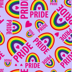 A vector seamless pattern of the words pride. Pride lesbian, gay, bisexual transgender, heart, rainbow on a lilac background. Symbol of the LGBT community. For fabric, wallpaper, wrapping, websites.