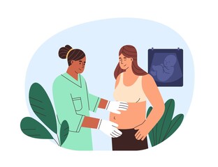 Woman at pregnancy check-up at doctors office. Pregnant patient at appointment in hospital. Female expecting baby at medical health examination. Flat vector illustration isolated on white background
