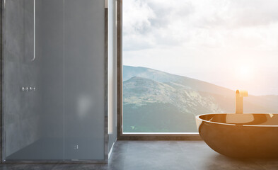 Scandinavian bathroom, classic  vintage interior design. 3D rendering.. Sunset