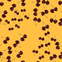 Vector seamless pattern with ripe cherries on orange background