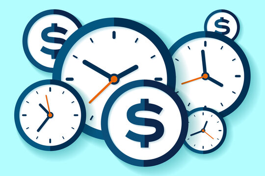 Clock and dollar icons in flat style, timers and money sign on color background. Time management. More watch. Business vector illustration for you presentation