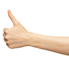 Female hand shows thumb ok or good isolated on white. Finger show sign like or cool closeup