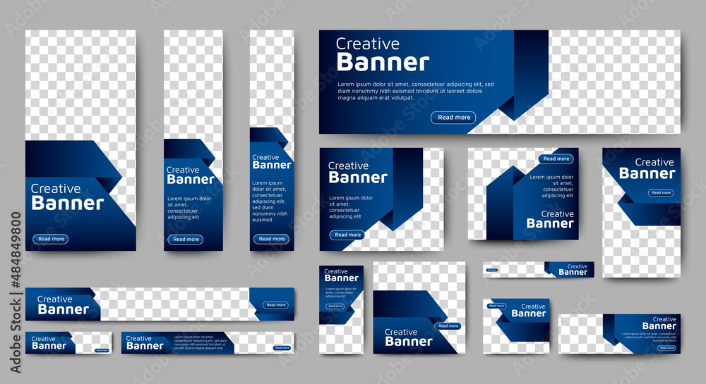 Poster set of creative web banners of standard size with a place for photos. gradient blue. business ad ban