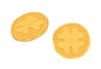 St. Patrick's Day. A gold coins with a lucky clover symbol. Isolated vector colorful element. 