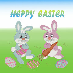 Happy Easter poster with bunnies. Vector illustration.