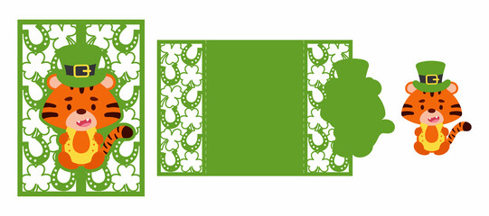 St. Patrick's Day tiger laser cutting invitation card template. Paper cut out silhouette for plotter and silk screen printing. Vector stock illustration.