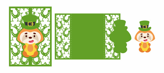 St. Patrick's Day sloth laser cutting invitation card template. Paper cut out silhouette for plotter and silk screen printing. Vector stock illustration.