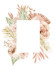 Boho tropical floral frame, Watercolor boho roses and palm leaves, Floral borders png for wedding invitations, feminine logo, baby shower, engagement, mothers day