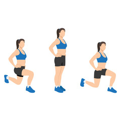 Woman doing front and back lunges exercise. Flat vector illustration isolated on white background