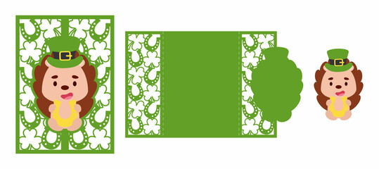 St. Patrick's Day hedgehog laser cutting invitation card template. Paper cut out silhouette for plotter and silk screen printing. Vector stock illustration.