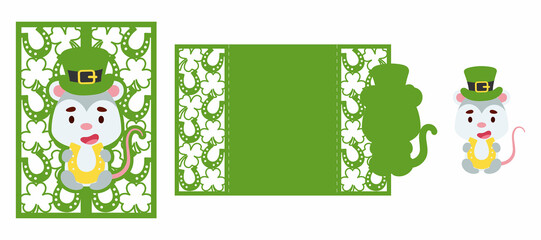 St. Patrick's Day opossum laser cutting invitation card template. Paper cut out silhouette for plotter and silk screen printing. Vector stock illustration.