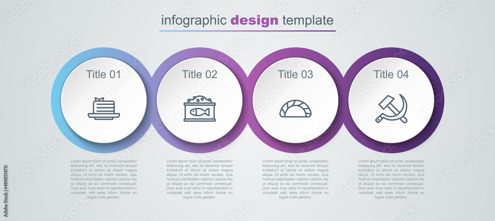 Sticker Set line Medovik, Tin can with caviar, Dumpling and Hammer and sickle USSR. Business infographic template. Vector