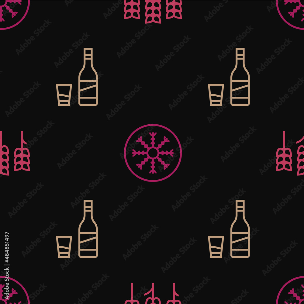 Poster set line wheat, bottle of vodka with glass and snowflake on seamless pattern. vector