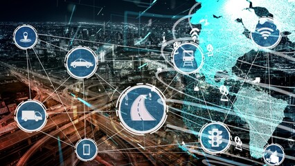 Smart transport technology concept for future car traffic on newish city road . Virtual intelligent system makes digital information analysis to connect data of vehicle on city street .