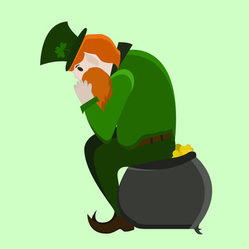 A small sad leprechaun sits on a cauldron with gold. Vector illustration for St. Patrick's day.