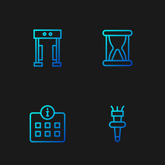Set line Torch flame, Information, Metal detector and Old hourglass with sand. Gradient color icons. Vector