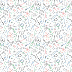 Seamless pattern on the theme of the Barber shop, the tools and accessories of the hairdresser,simple contour icons are drawn with colored markers on white background