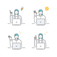 パソコンとハンドサインをする会社員の女性 セット