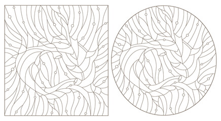 Set of contour illustrations in  stained glass style with fish hammerhead on the background of water and air bubble