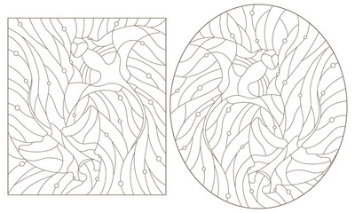 Set contour illustrations of stained glass fish manta rays on the background of water and air bubble