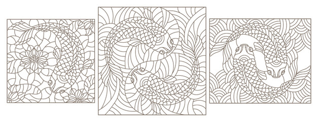 Set contour illustrations of stained glass with gold fish , black contour on white background