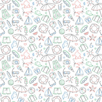 Seamless pattern on the theme of summer holidays in hot countries, simple contour icons are drawn with colored markers on white background
